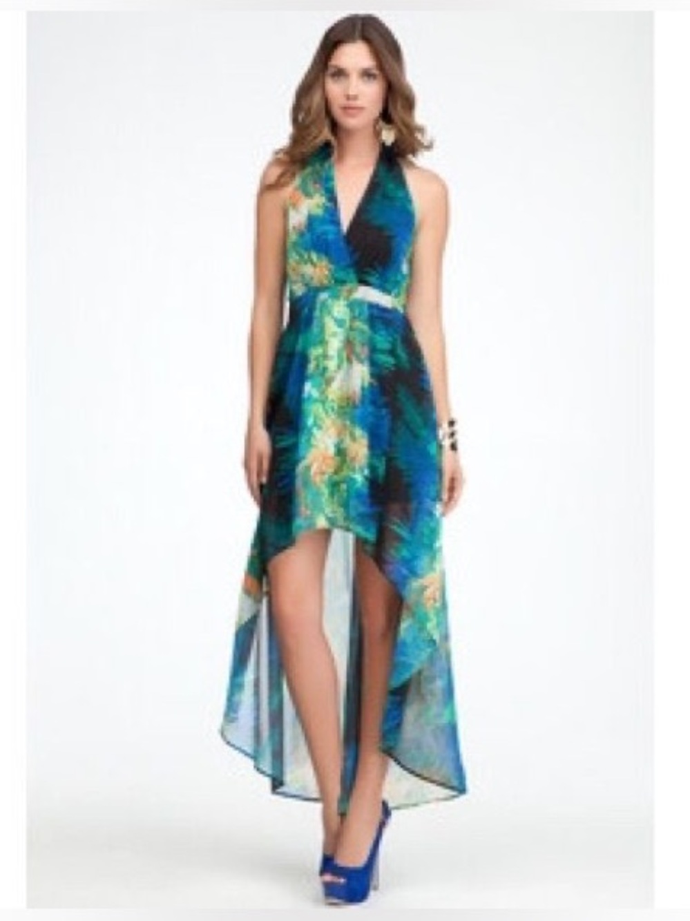 Bebe High-Low V-Neck Floral Chiffon Dress - Blue/Green